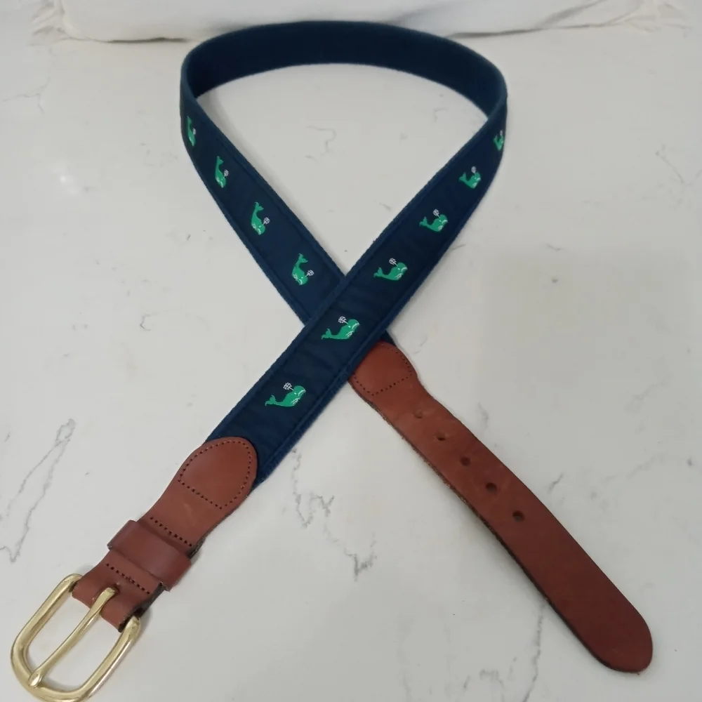 Leatherman Handmade Top Grain Brown leather Navy blue canvas Emb. Whale Belt 40